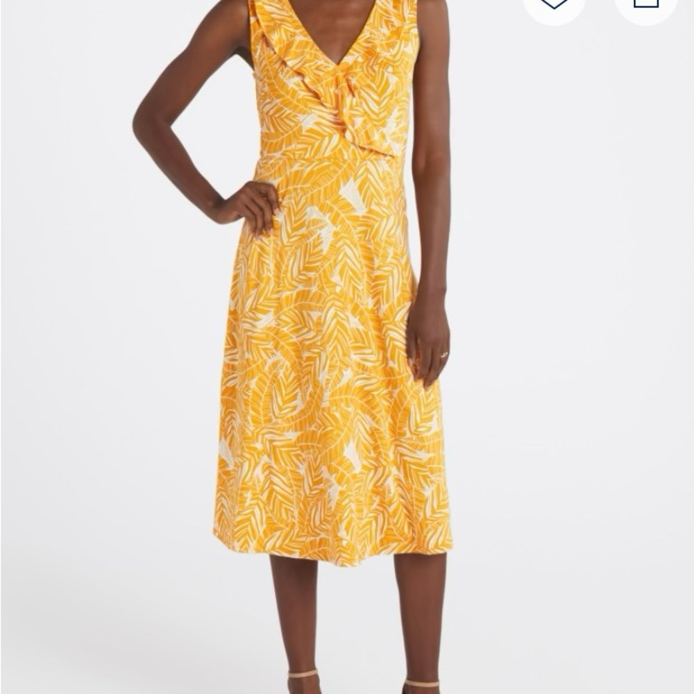 Elegant Yellow Leaf Print Midi Dress
